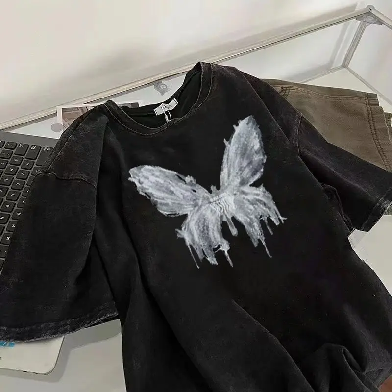 Y2k Gewaschenes Schwarzes Crop-Top Kurzarm-T-Shirt für Damen mit Schmetterlingsdruck Sommer Vintage Kleidung Übergroße Crop-Tops mit Kordelzug – Detail 5