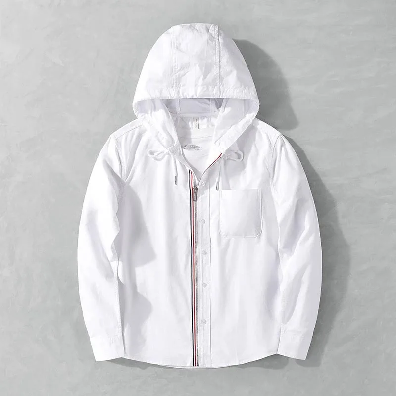 

2025 new 100% pure cotton men's casual fashion hooded shirt long sleeved simple slim fit jacket autumn and summer