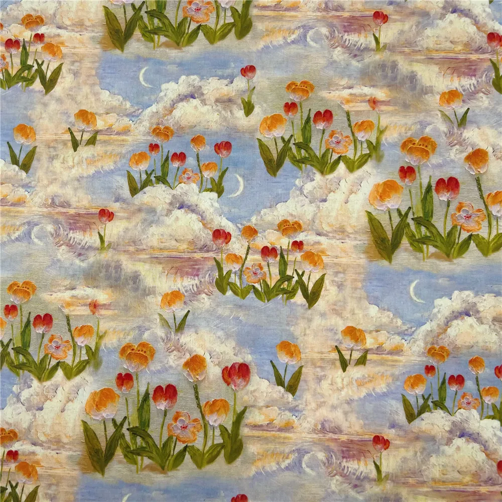 wide145cm Oil painting tulips Cotton poplin Fabric dress Printed Fabrics DIY Needlework Apparel baby Dress Sewing