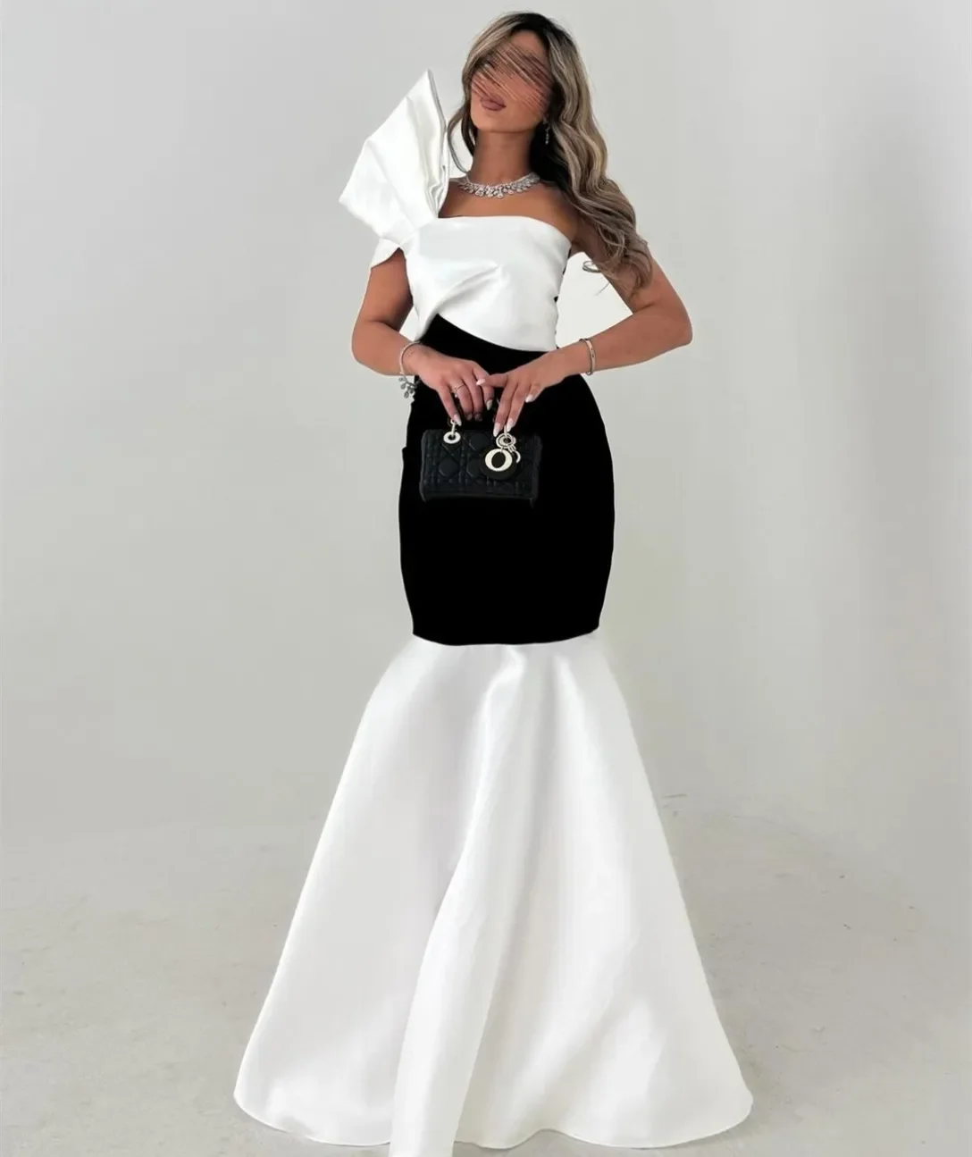 

Customized Elegant White Black Evening Dresses With Bow Mermaid Sleeveless Muslim Floor Length Prom Dresses For Women Special Oc