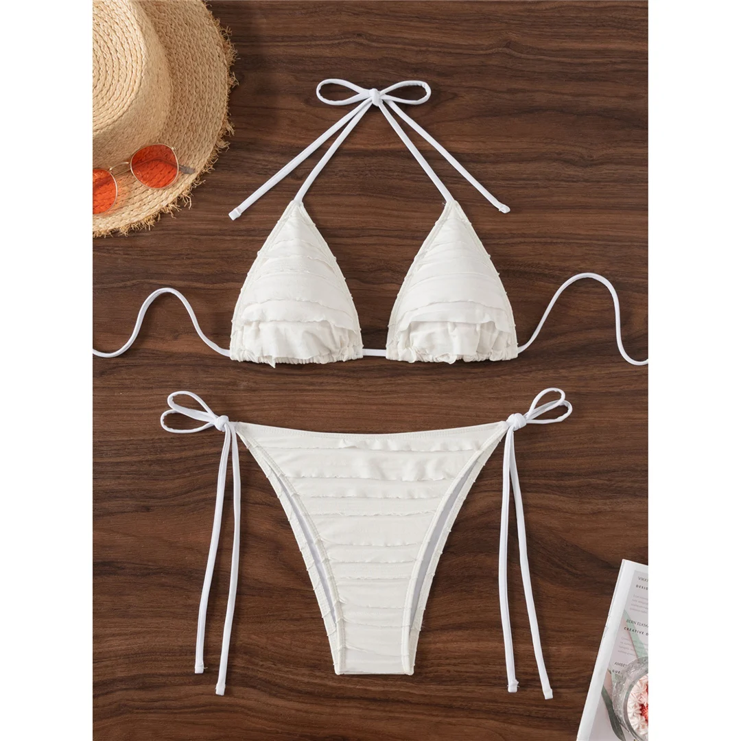 Rüschen-Bikini mit hohem Beinausschnitt, zweiteiliger Badeanzug für Damen, gepolsterter Badeanzug, Badebekleidung, Modell V7056. – Detail 5