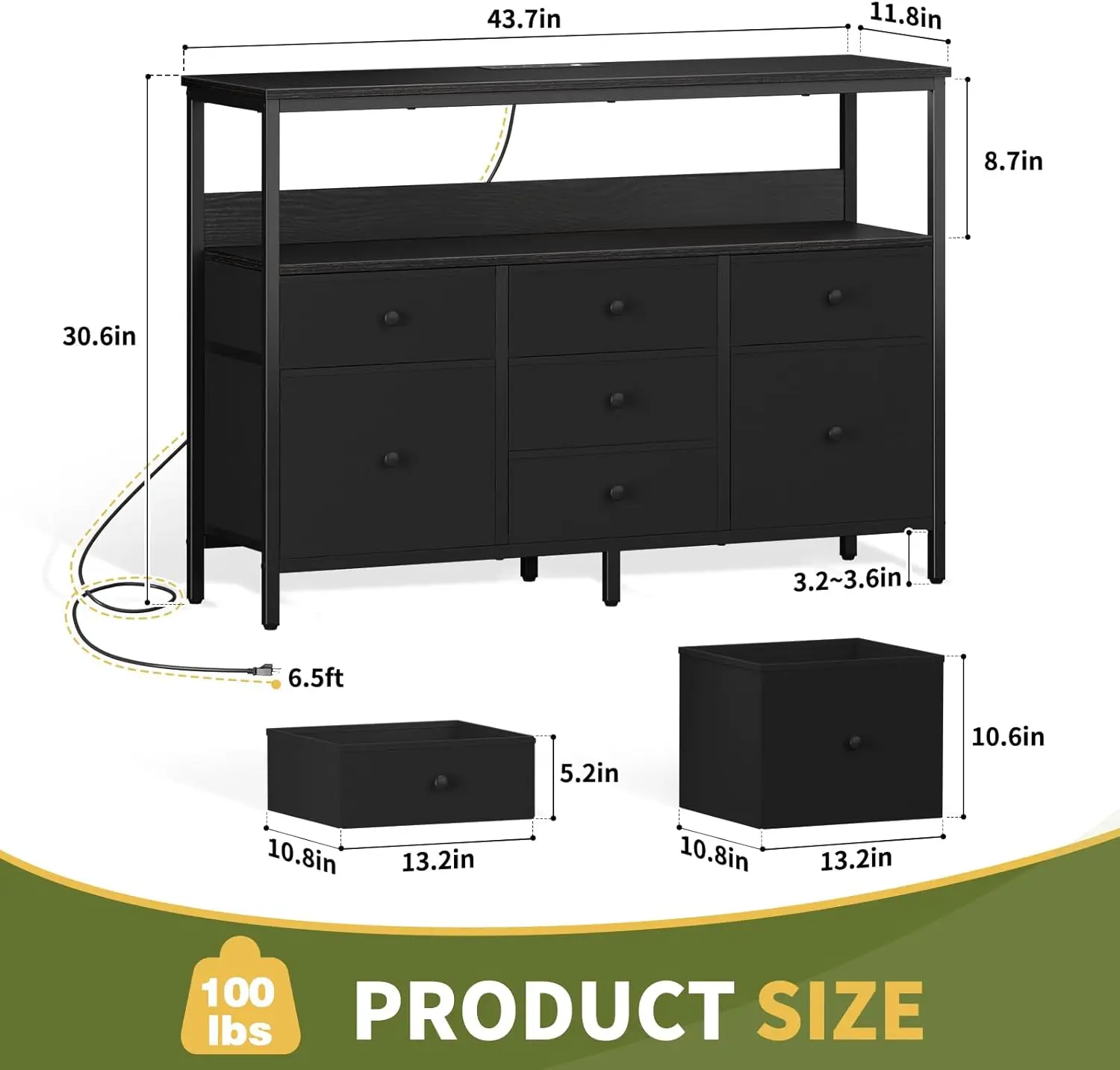 TV Stand Dresser para quarto, 7 gavetas de tecido, Centro de entretenimento, armários LED com tomadas, TV Stands para sala de estar