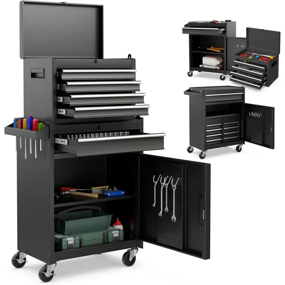 

5-Drawer Mobile Tool Cabinet with Detachable Top Box, Adjustable Shelves, Lockable Wheels, and Security Lock for Workshop Storag