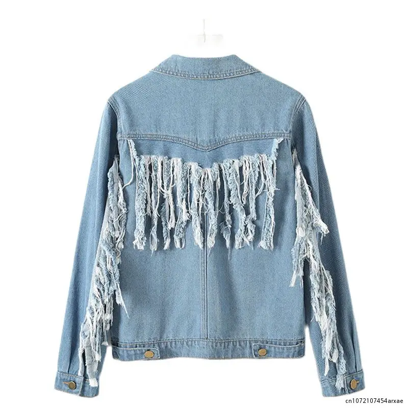 

Fashion Denim Jacket Women Short Coat Spring Autumn Back Tassels Casual Tops Lady Retro Loose Washed Do-old Jean Outerwear