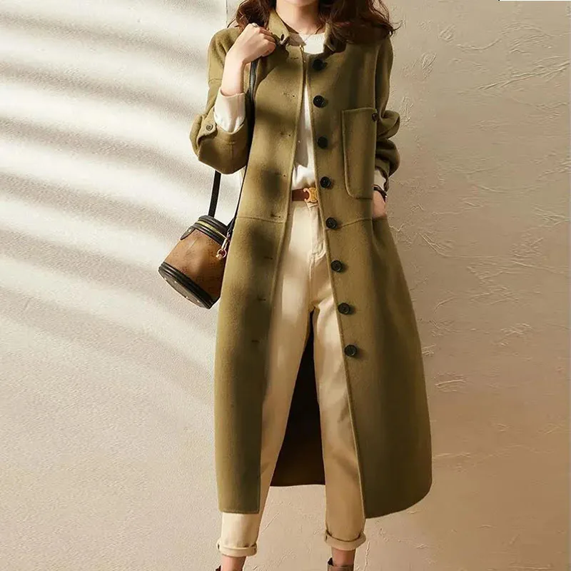 

2023 New Autumn Winter Fashion Women Woolen Coat Elegant Turn-Down Collar Big Pocket Simple Jacket Office Lady Casual Loose Coat