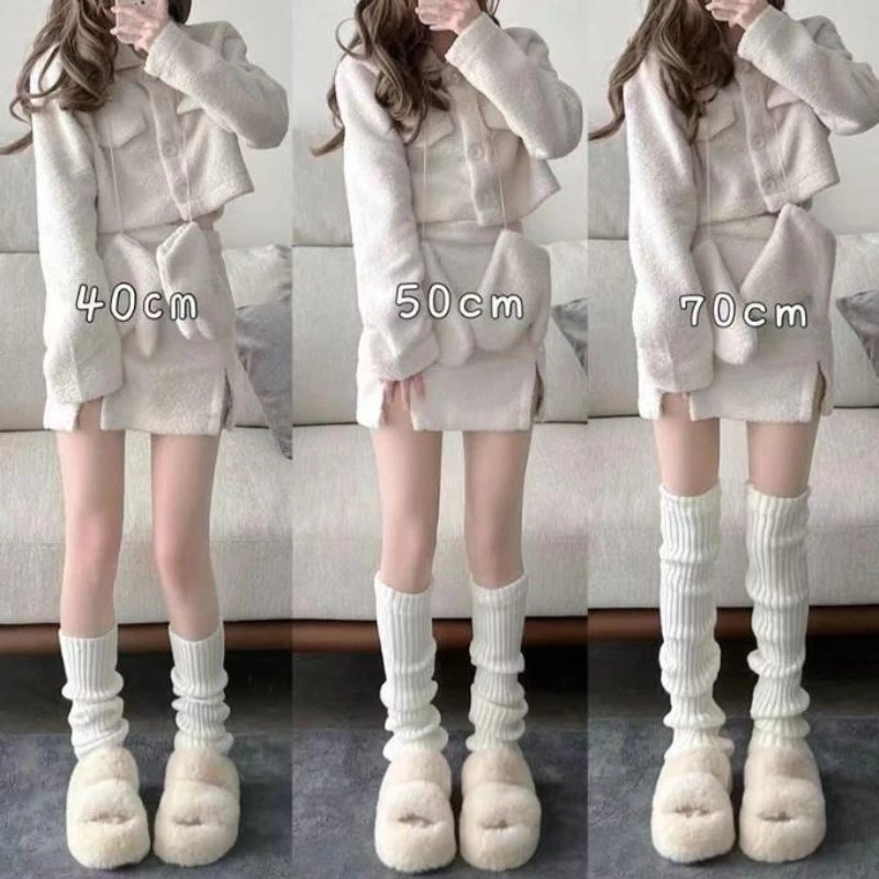 Calentadores de piernas Lolita, calcetines tejidos para mujer, cubierta cálida para pies, calentador blanco y negro para mujer, calcetín de ganchillo para otoño e invierno, puños para botas 40/50/70cm