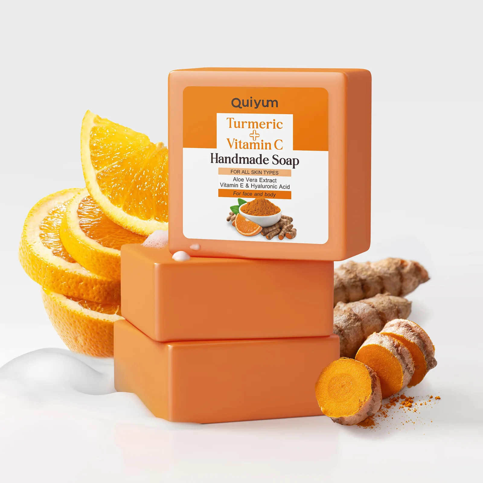 QUIYUM Turmeric Vitamin C Face Soap 100g, Brightening Cleansing Bar with Essential Oil Hydrating Natural Soap for All Skin Types