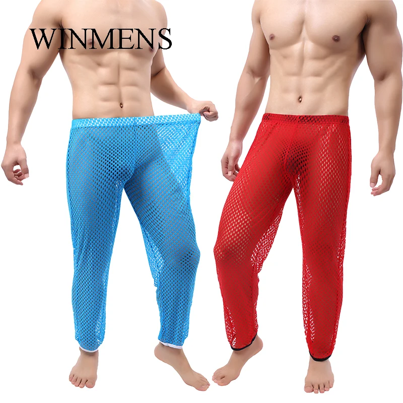 Men's Fishnet Night Trousers Super Elastic See Inner Male Pajama Pants Cut-outs Mesh Transparent Sleep Bottoms Summer Loungewear