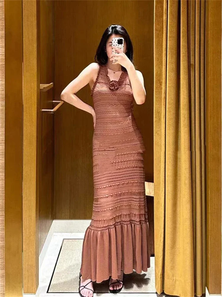 

Women Hollow Out Midi Dress Ruffles Trim V-Neck Sleeveless Solid Color Elegant Summer 2024 Knitted Robe