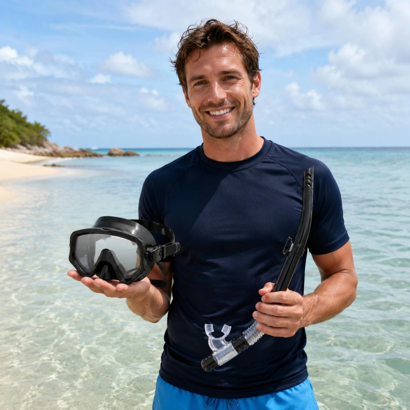 

Semi Dry Snorkel Mask Crystal Clear Adult Swim Mask with Snorkel Water Sports Gear Tempered Glass Portable for Diving