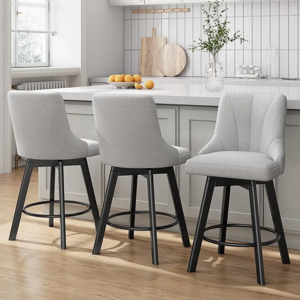 Swivel Bar Stools with Backs, 24 Counter Height Bar Stools Set of 3, Fabric Upholstered Counter Bar Stools with Solid Wood Legs