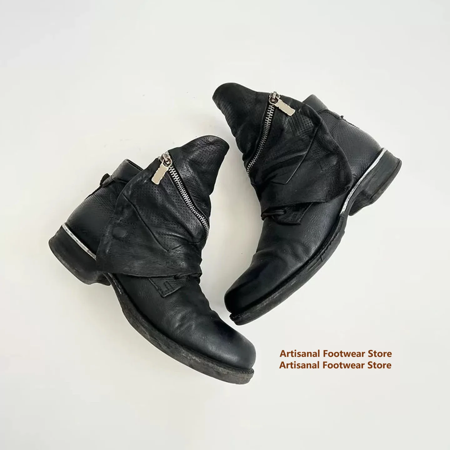 Black Leather Multi Side Zipper Biker Boots Lace Up Vintage Soft Leather Motorcycle Ankle Boots Trendy Autumn/winter Men's Boots
