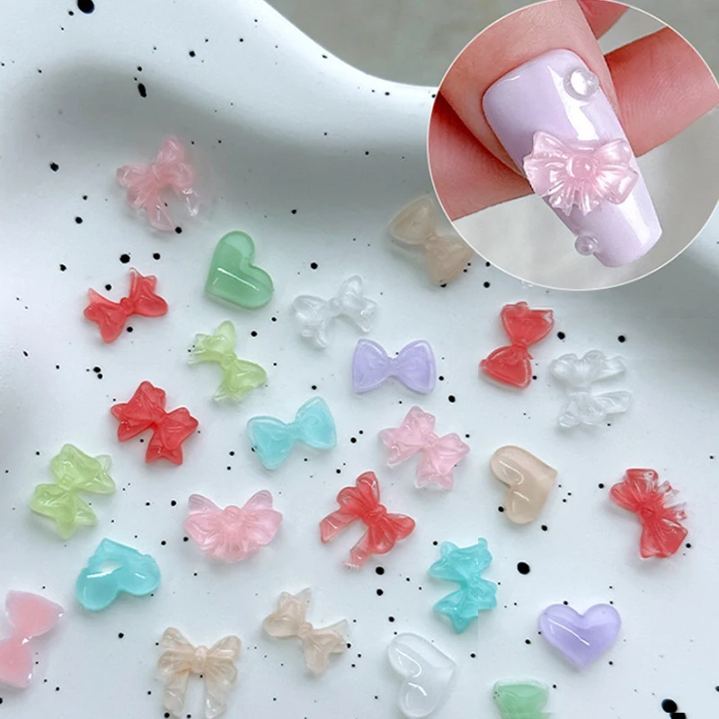 30 Pcs Colorful Jelly Clear Bow Nail Decorations 3D Resin Cute Bowkont Nail Art Charms Gems DIY Manicure Rhinestones