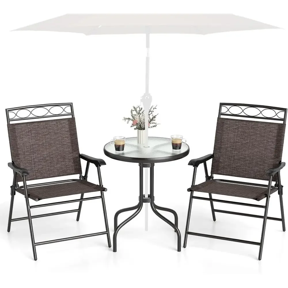 3-Piece Patio Dining Set: Round Glass Table with Wrought Iron Chairs, Outdoor Table Set for Garden, Poolside, or Backyard