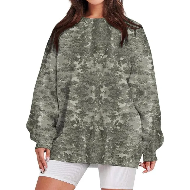 Fashion Camo Sweatshirt Womens Maple Leaf Print Oversized Camo Fleece O-neck Pullover Streetwear For Women\'s Hoodie Outdoor Wear