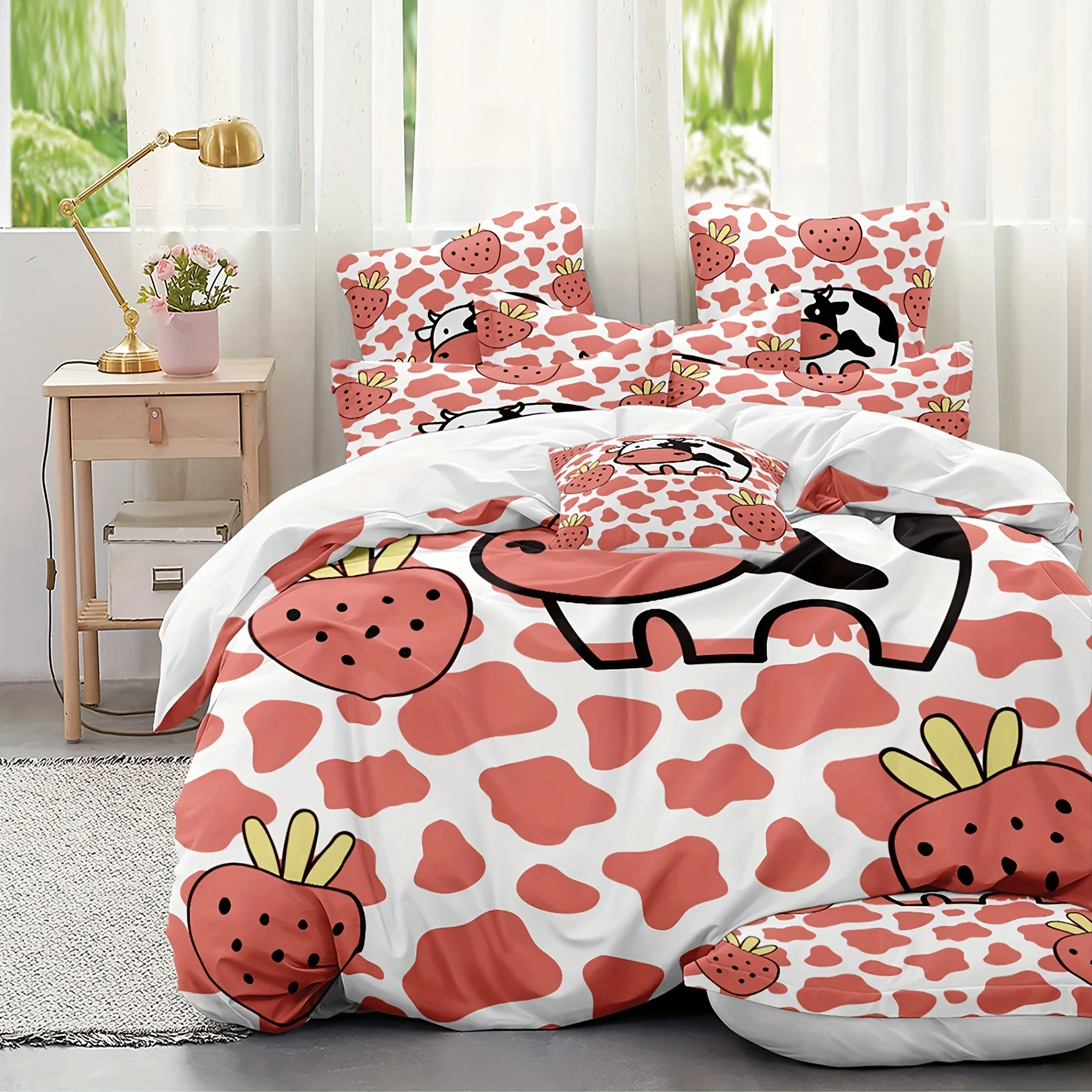 Soft and Comfortable Cow Cartoon Strawberry Print Duvet Cover Set for Bedroom Includes 1 Duvet Cover and 1/2 Pillowcase