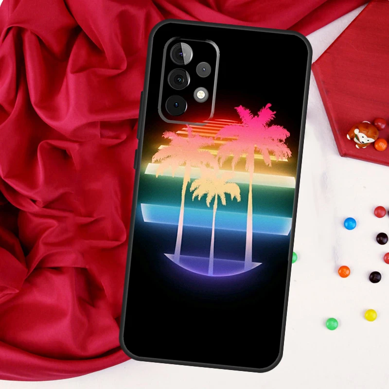 80s Retrowave النيون شجرة النخيل لسامسونج غالاكسي A56 A36 A26 A16 A05 A06 A22 A32 A52 A54 A34 A14 A55 A15 A53 A33 A35 حالة