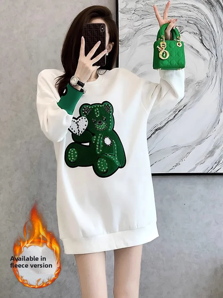 

Fashionable Bear Print Fleece Lined Hoodie Dress Women's Street Style Spring 2026 Trendy Long Sleeve round Neck Loose Fit Top