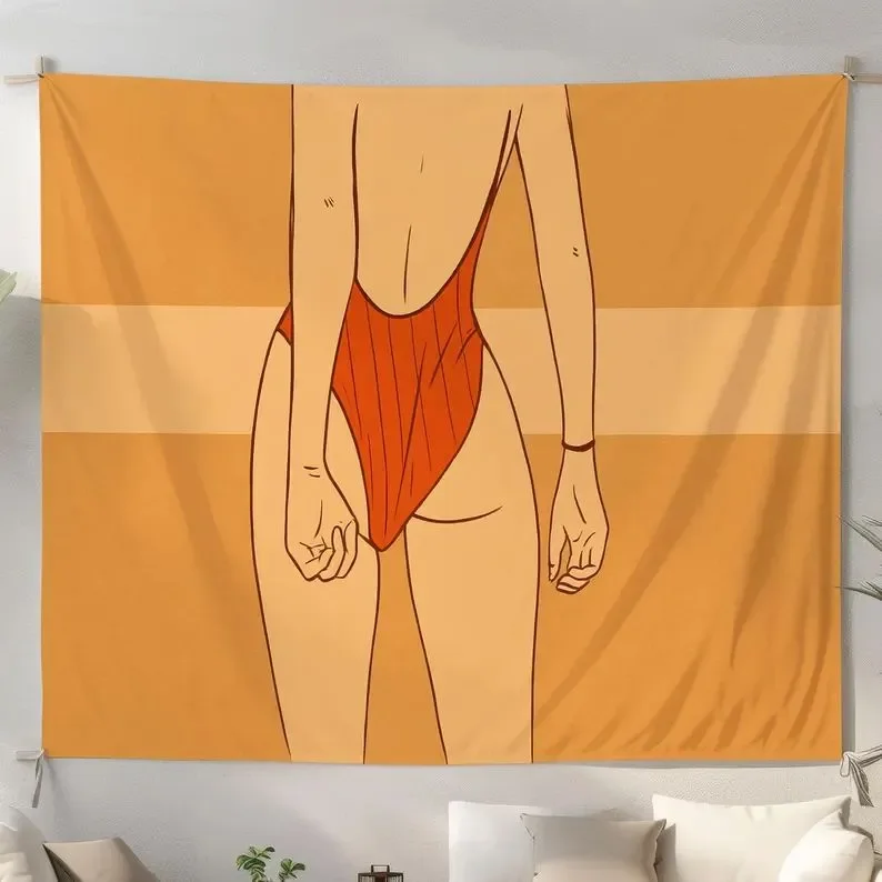 Retro Swimsuit Girl Tapestry, Orange Vintage Summer Body Art Wall Hanging for Bedroom Decor, Minimalist Aesthetic Gift