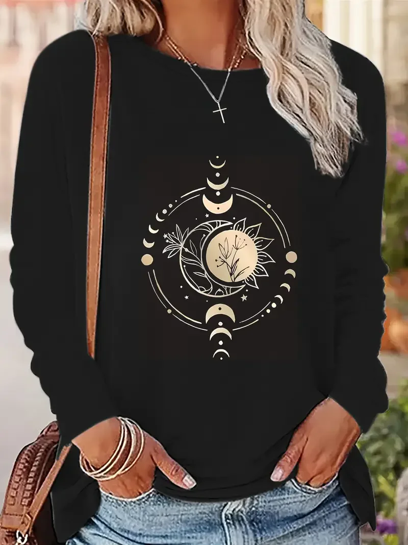 

Women's Long Sleeve T-Shirt Sun Moon Stars Floral Design Vintage T Shirt Women's Print T-Shirt Crew Neck Top Tee Tshirt Casual