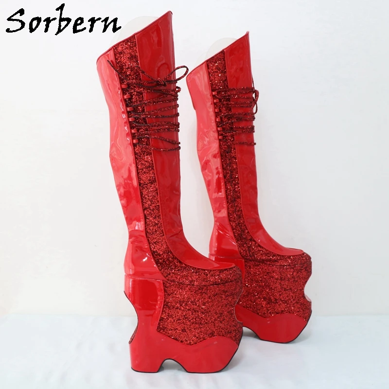 Sorbern Red Drag Queen Over The Knee Boots Women Wedges Thick Platform Fetish Boots Taking Photos Styles Boots