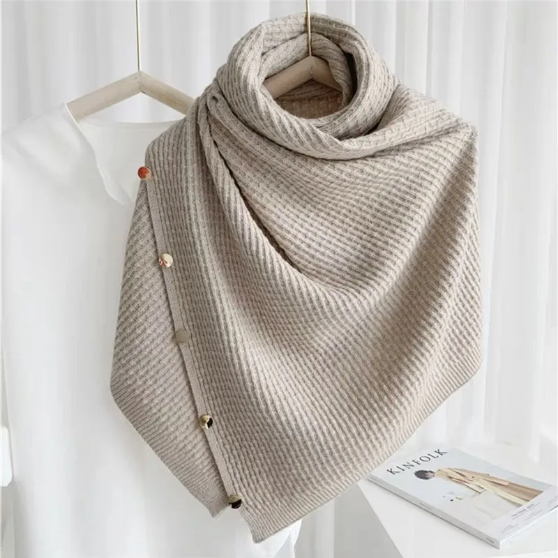 Spring Autumn Multi-purpose Button Scarf Women Knitted Shawl Changeable Imitation Cashmere Cloak Poncho Capes Green