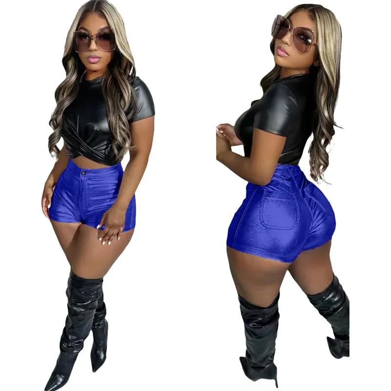 2024 Sexy Candy Color Metallic PU Leather Shorts for Women Streetwear Fashion Short Pant Rave Clothes High Waist Booty Shorts