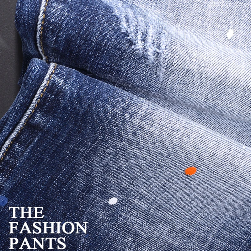Fashion Designer Men Jeans Retro Washed Blue Elastic Stretch Slim Fit Ripped Jeans Men Painted Vintage Denim Pencil Pants Hombre