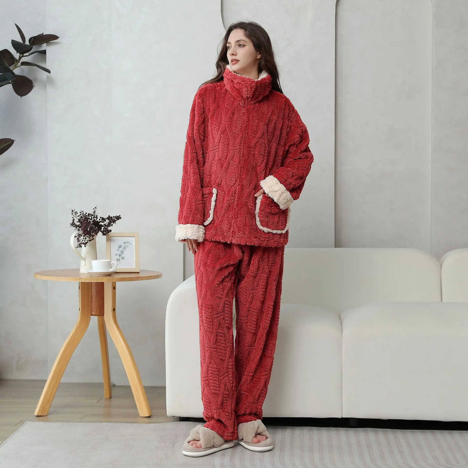 Women's Home Clothes Autumn/winter New Jacquard Cotton Velvet Pajama Set Warm Collar Long Sleeve Pants Pajamas Zipper Style