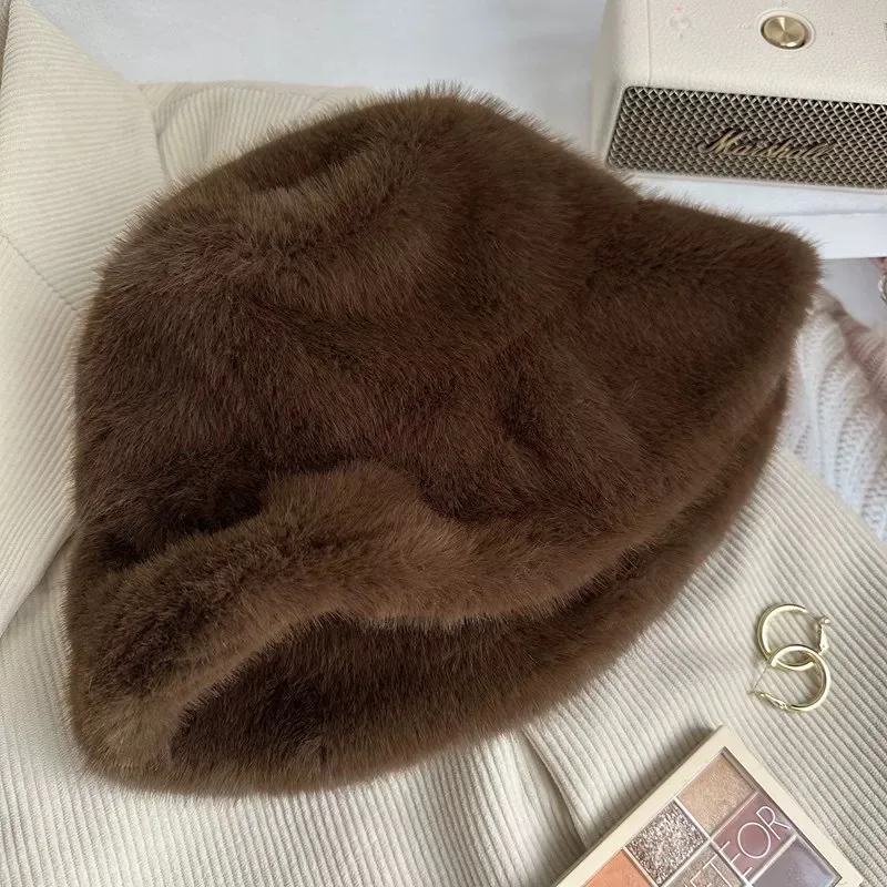 Korean Soft Snowy Day Outdoor Plain Face Covering Bucket Hat Imitation Mink Casual Versatile Warm Faux Fur Basin Hat