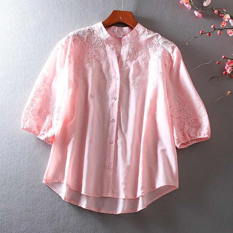 レトロなコットンリネン、透かし刺繍、重工業デザイン、ゆったりとしたカジュアルなVネック、エレガントな女性用トップス、通勤用