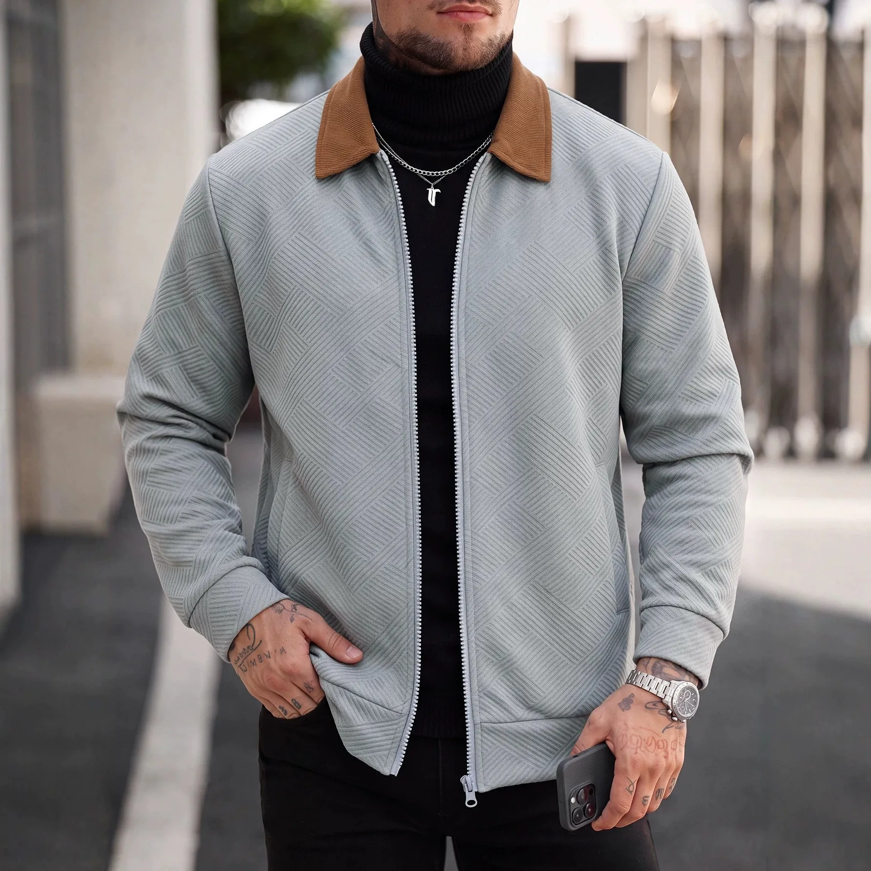 Turn Down Collar Casual Coat Mid Length Light Mature Casual with Zipper Closure Side Seam Pockets Long Sleeves Men Jacket