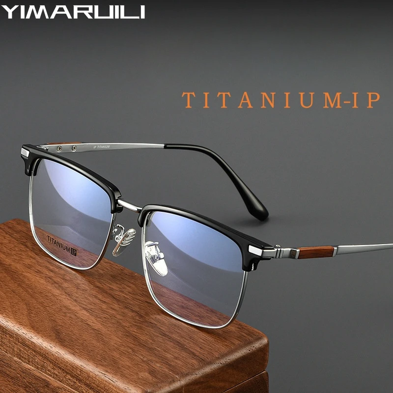 YIMARUILI Fashion Business Luxury Wooden TR90 Eyewear Retro Square Pure Titanium Optical Prescription Glasses Frames For Men 807