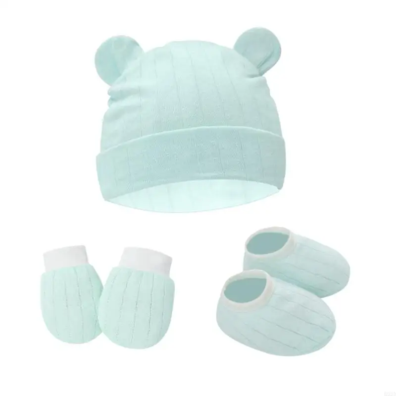 K92D 1Set Baby Anti Scratching Gloves Ears Hat Foot Cover Set Soft Cotton Mitten