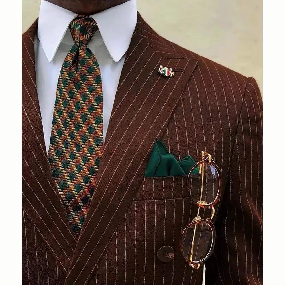 

Men's Suit Brown Stripes 2 Pieces Double Breasted Jacket Pants Fashion British Style Gentleman Business Casual High Quality Set