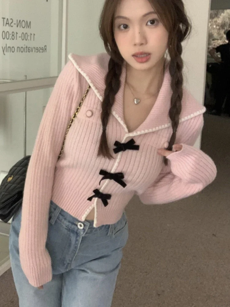 Sweaters Women Sweet Bow Panelled Versatile Streetwear Trendy Cozy Elegant Autumn Simple Teenagers Daily Chic Turn-down Collar