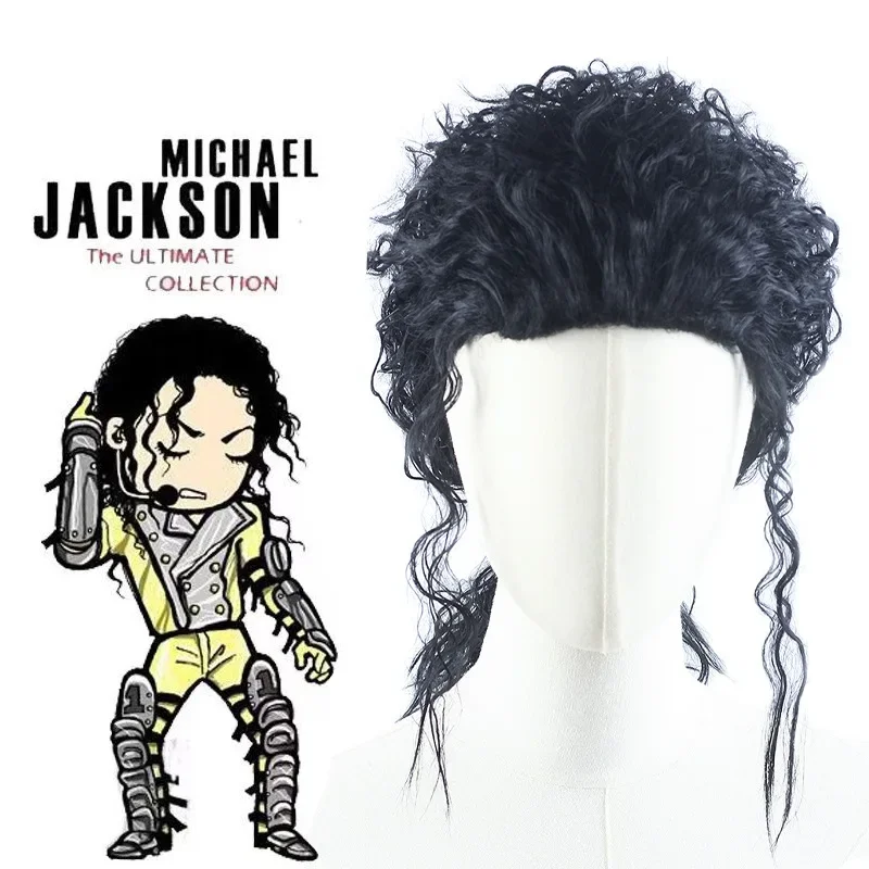 MJ Michael Cosplay Black Wig Jackson Michael Role Play Medium Long Curly Black Hair Pigtail Wig Halloween Cos Wigs