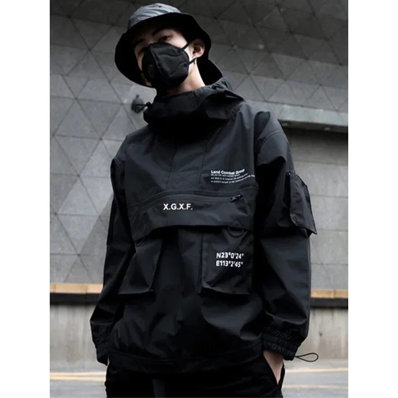 

Men's Jacket Techwear High Street Streetwear Black Hoodie Pocket Man Women Couple Spring Autumn Fashion New Water Proof Male Top