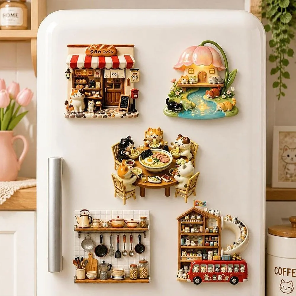 Cute Cat Theme Cat Fridge Magnet 3D Relief Cartoon Pattern Refrigerator Magnet Simulation Resin 3D Refrigerator Stickers
