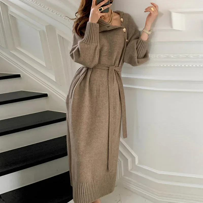 Korean style warm new knitted dress autumn and winter French high neckline diagonal open angle temperament dress for women