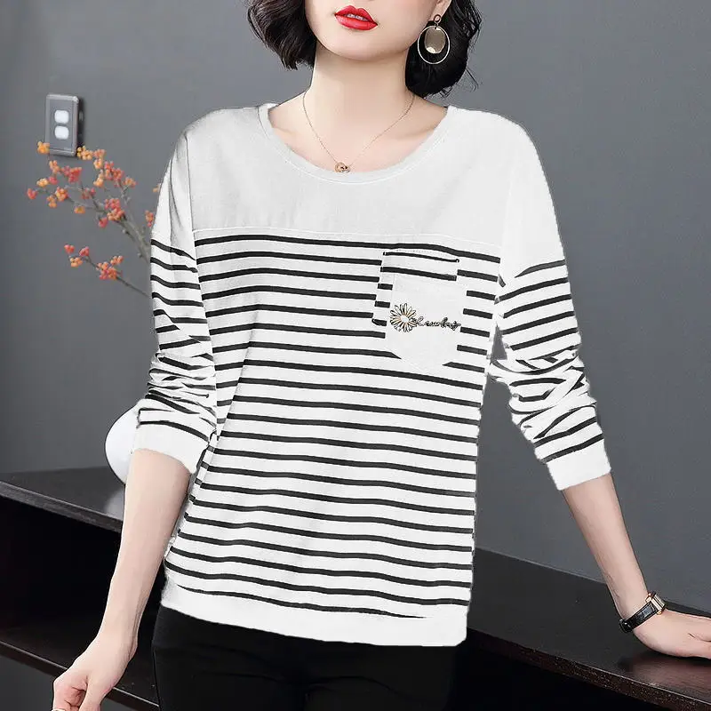 Women Clothing Vintage Striped Patchwork Tops Spring Autumn New Long Sleeve Contrast Plus Size Casual T Shirts Fashion Office