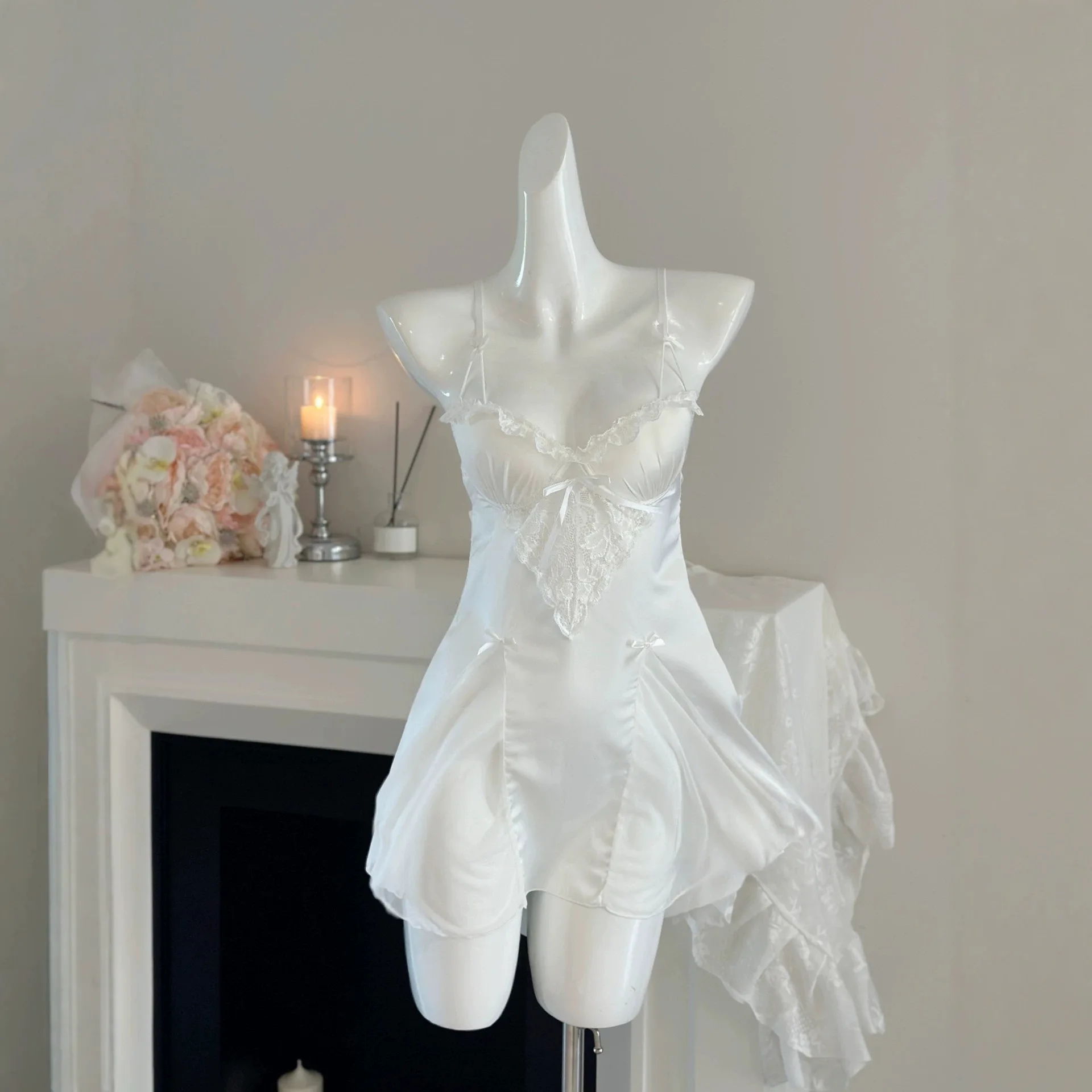 New Style Satin Lace Suspender Nightgown with Breast Pads, Pure French Sexy Nightgown