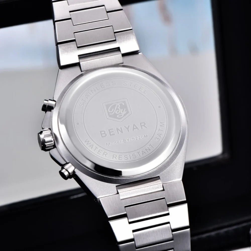 BENYAR جديد العسل الهاتفي ساعة رجالي 30 متر مقاوم للماء الفولاذ المقاوم للصدأ مضيئة ساعة كوارتز فاخرة ساعة كرونوغراف reloj hombre