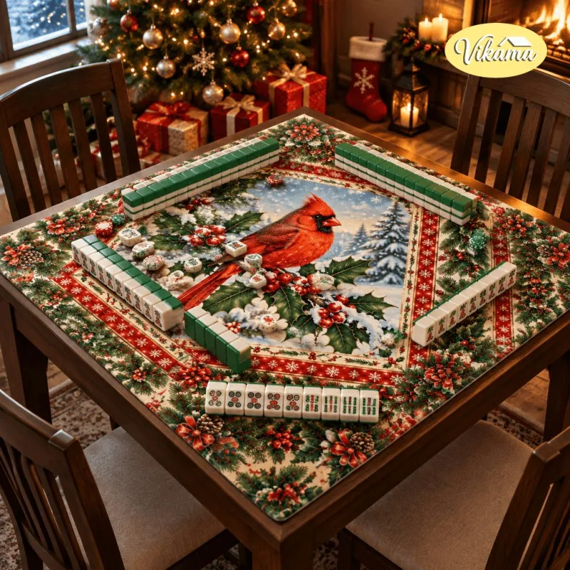 VIKAMA Christmas Mahjong Mat—Square Board Game Tablecloth, Card Game & Coffee Table Holiday Non-Slip Mattress