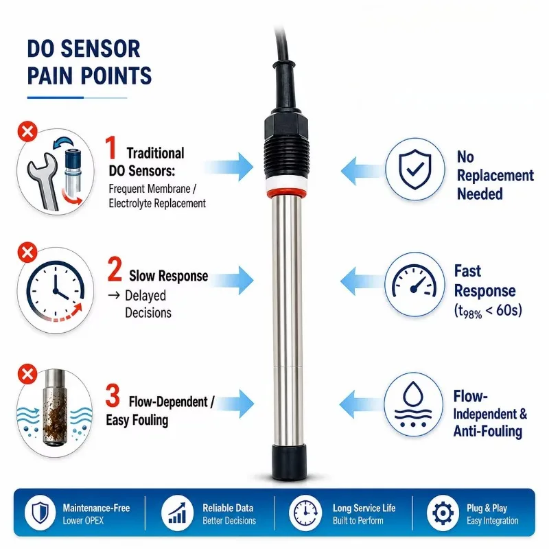 High Quality, Dissolved Oxygen Sensor Stainless Steel 1% Accuracy, Maintenance Free DO Probe for Fish