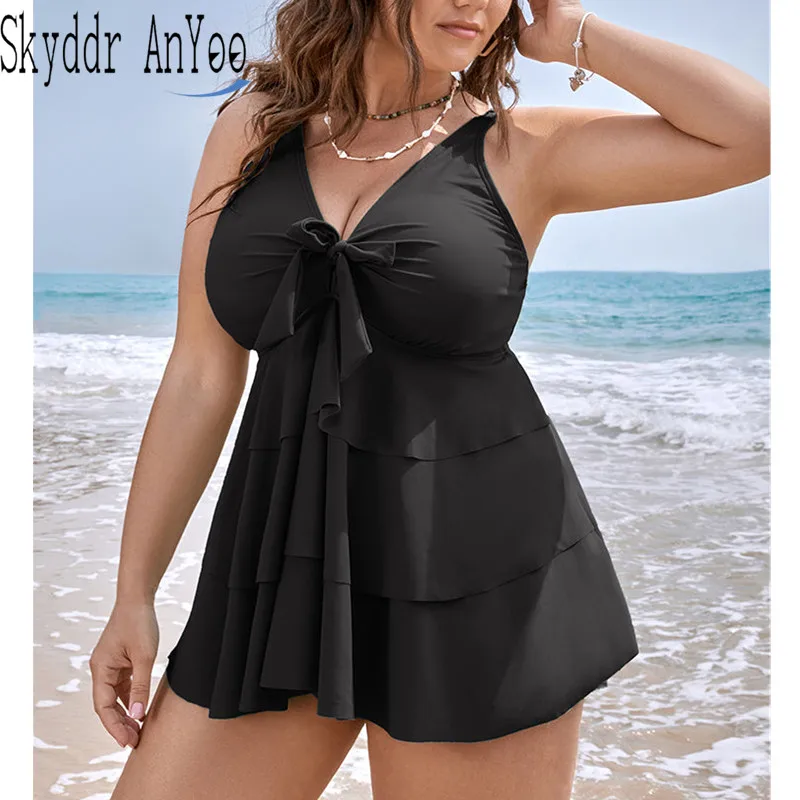 Bañadores de dos piezas de talla grande para mujer, traje de baño anudado con volantes delanteros, Tankini escalonado, Top y parte inferior de cintura alta