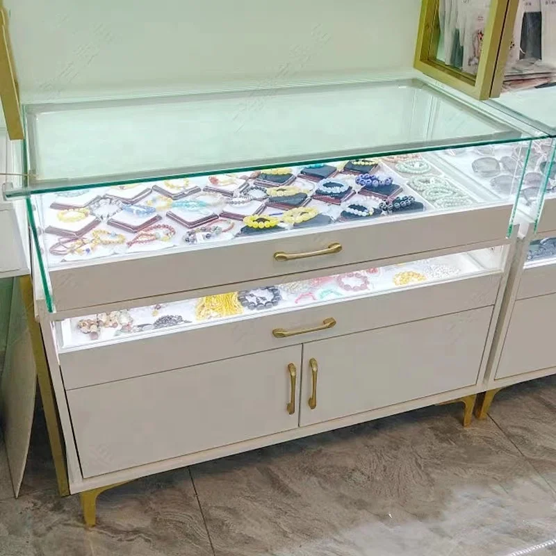 

2025customized.White Jewelry Glass Cabinet Lockable Clothing Shop Showcase Sliding Jewelry Store Glass Counter with Drawers