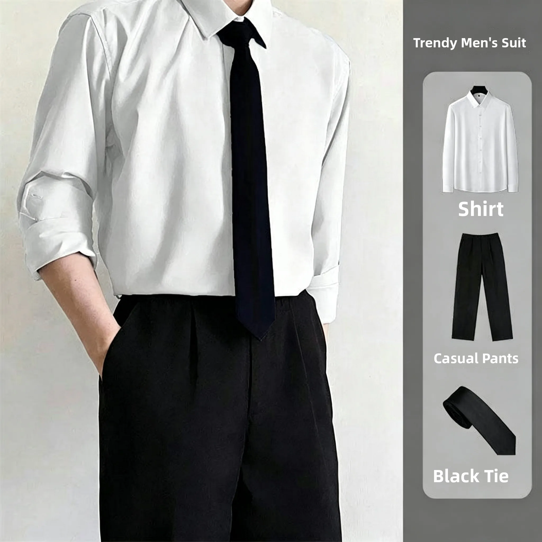

White Long Sleeve Slim Fit Casual Shirt Men's Fashion Business Leisure Wear DK Uniform Class Suit Set Standard Polyester Fiber