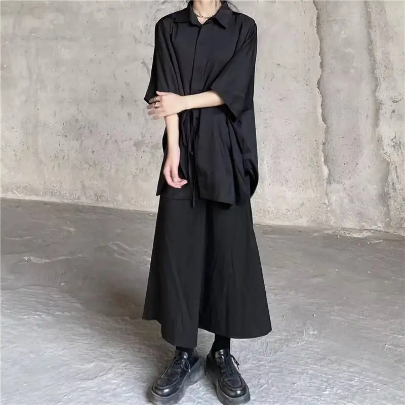 تي شيرت نسائي بأكمام قصيرة قميص الربيع والصيف شخصية يميل الجبهة حزام تصميم موضة عادية فضفاض قميص كبير الحجم #4