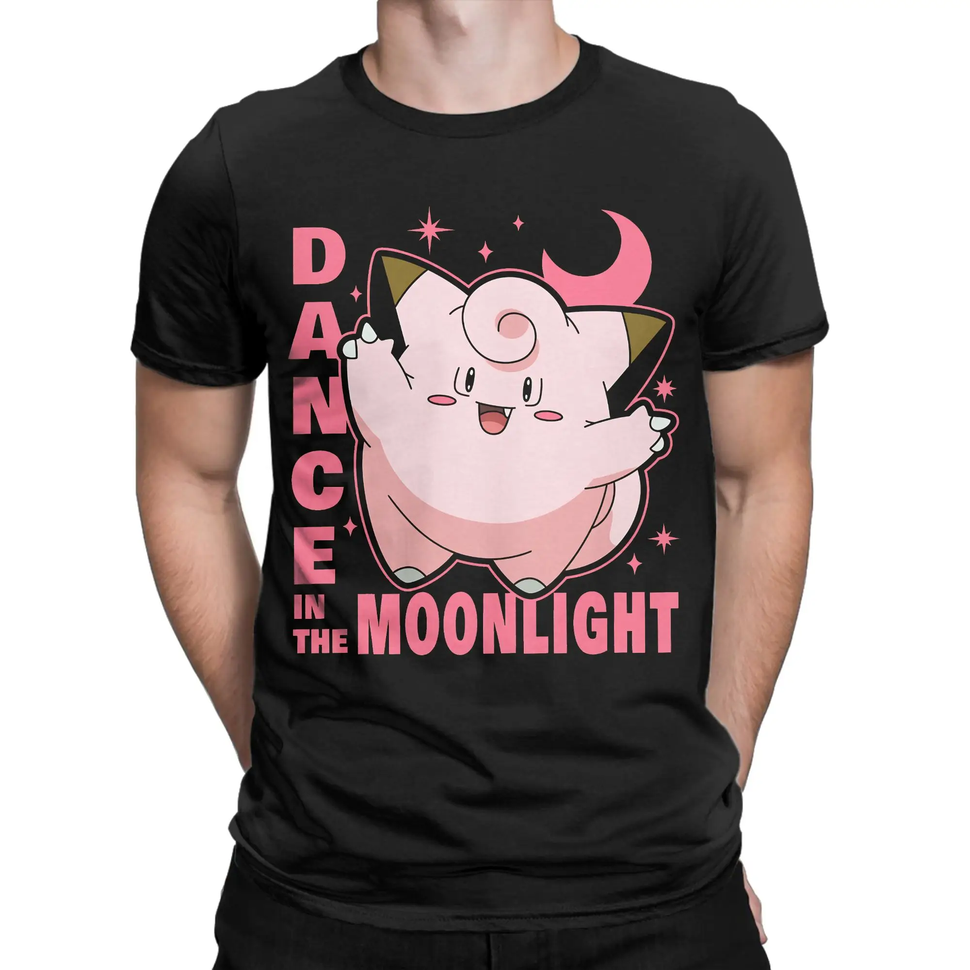 Men T-Shirts Pokemon Clefairy Dance In The Moonlight Leisure 100% Cotton Tee Shirt Short Sleeve  T Shirts Crewneck Clothes Gift